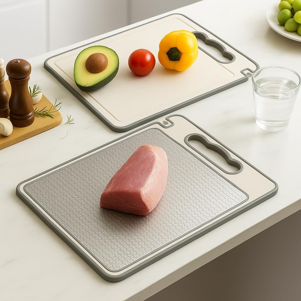 Tábua de Corte Inox para Cozinha Dupla Face + PP | Corte Higiênico para Carnes, Legumes e Frutas | Alça Ergonômica, Afiador Integrado, Borda Protetora | Fácil de Limpar, Uso Diário em Casa e Churrasco
