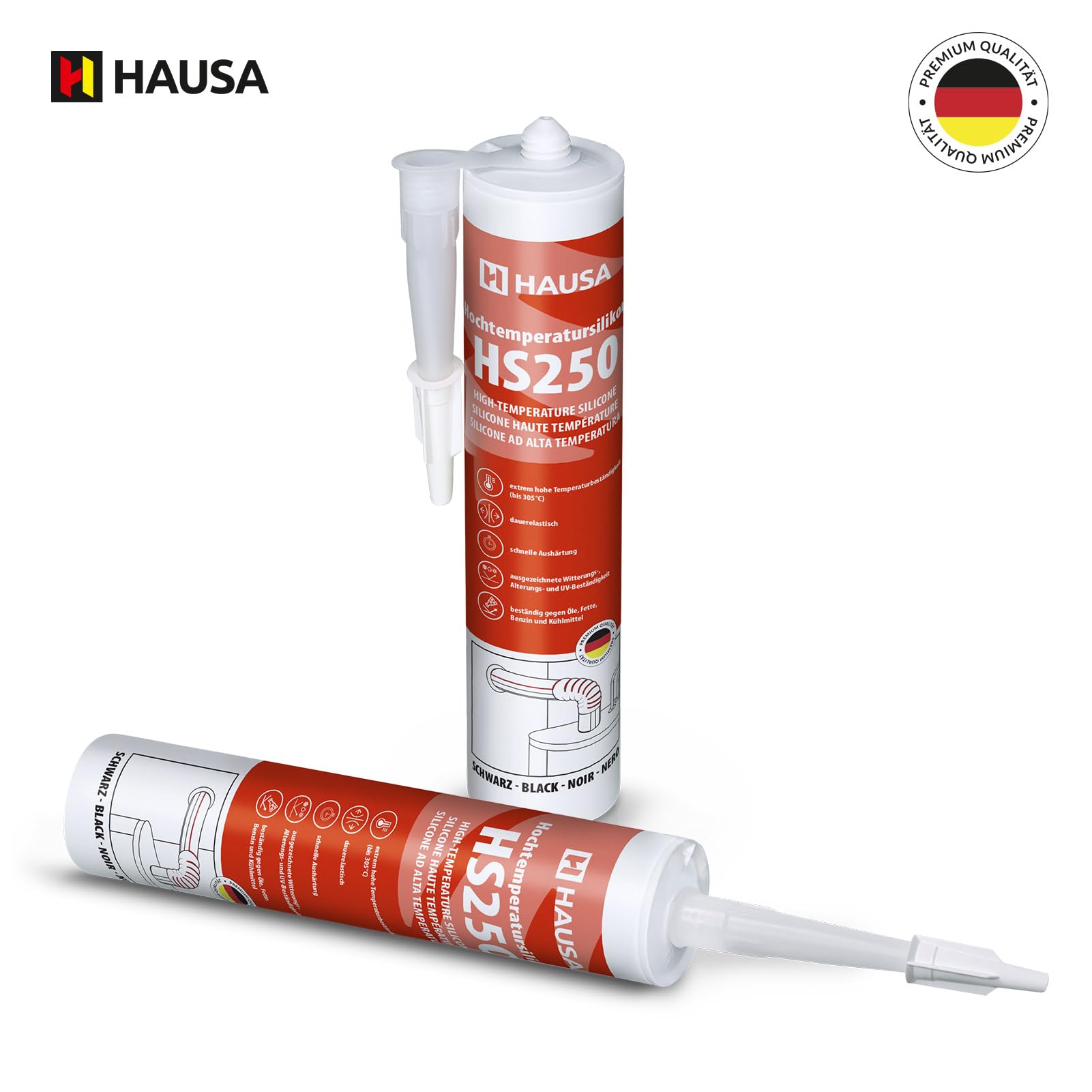 Hausa HS250 Profi Hochtemperatur Silikon schwarz 24 x 300ml Kartuschen Dichtmasse +305°C Dichtstoff zum Kleben Abdichten von Öfen Kochfeldern Motoren dauerelastisch Öl-, Benzin- & Hitzebeständig
