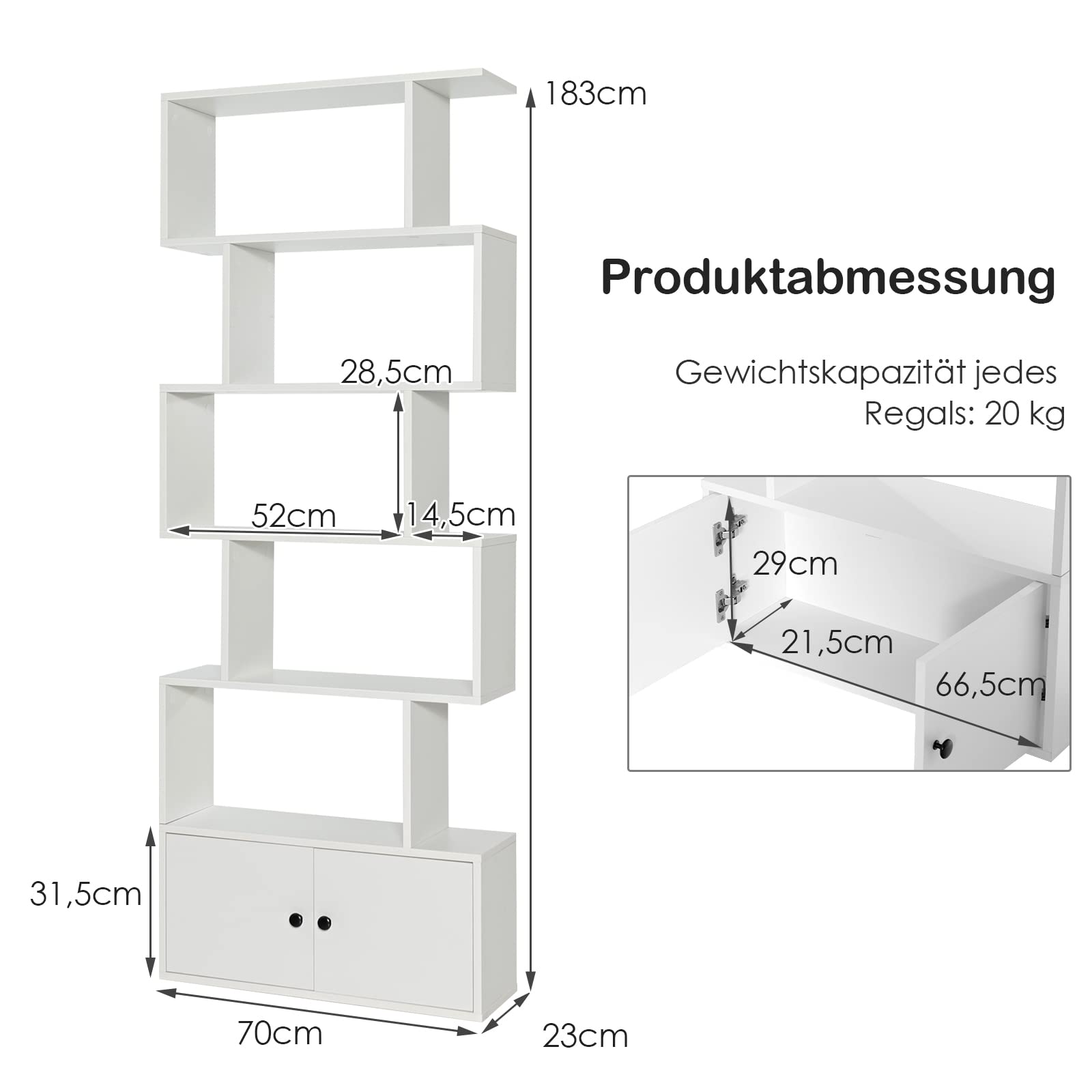 COSTWAY Bücherregal mit Türen, Standregal mit 5 Ebenen, Raumteiler Regal, Büroregal aus Holz, Aufbewahrungsregal für Wohnzimmer, Schlafzimmer, 183 x 70 x 23 cm (Weiß)