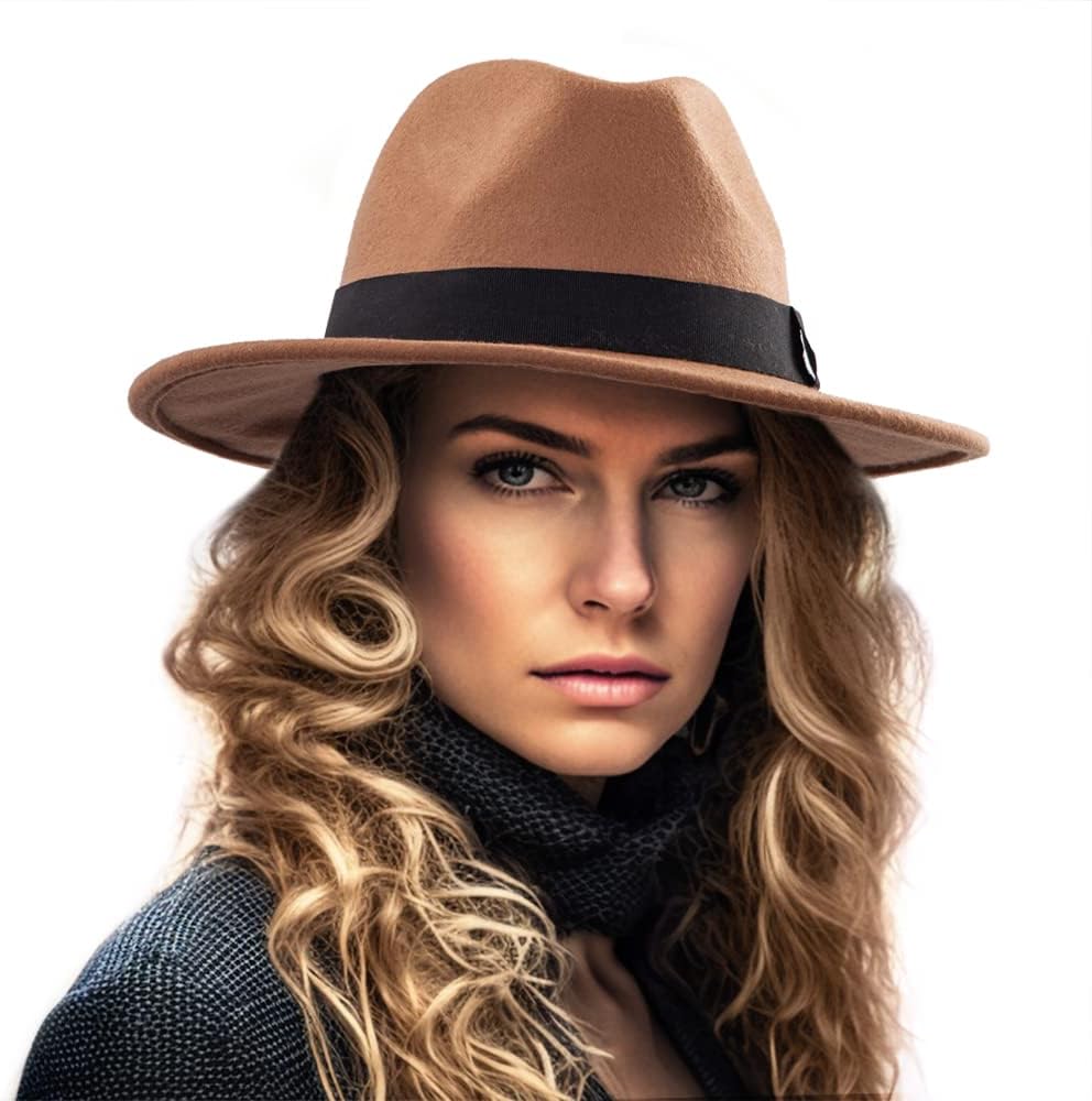 LADYBROFelt Wide Brim Fedora Hats for Women Men, with Band Belt Buckle, Adjustable