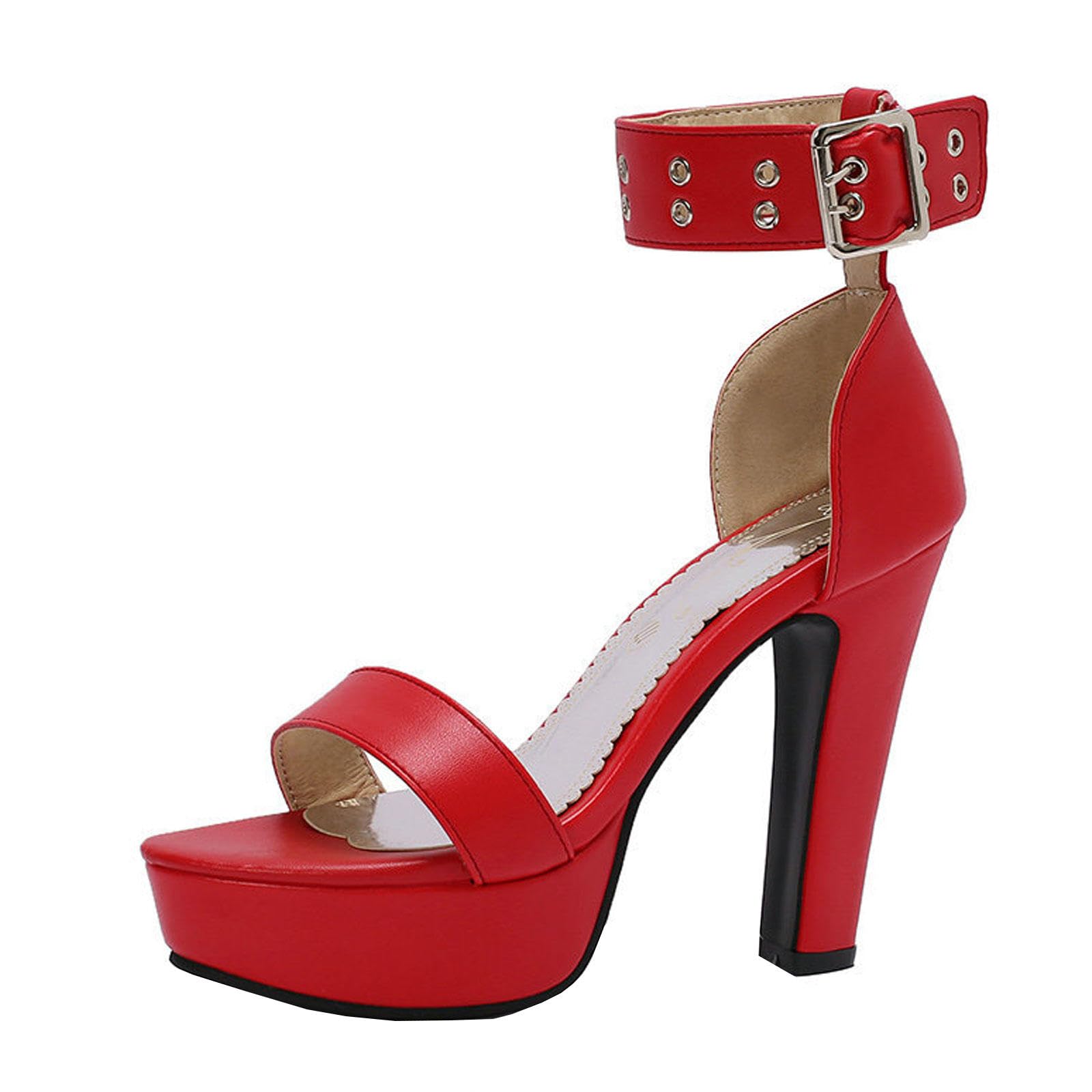 Talons Hauts Sandales Plateforme Bout Ouvert Femmes Bride à la Cheville Boucle Chaussures Soirée Mariage 12cm,Red-39