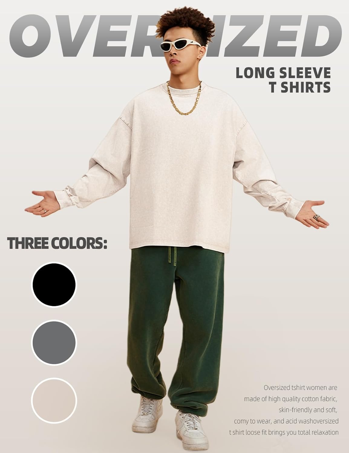 Arssm Mens Oversized T-Shirts Cotton Long Sleeve Tshirts Vintage Acid Wash Baggy Tees - Image 5