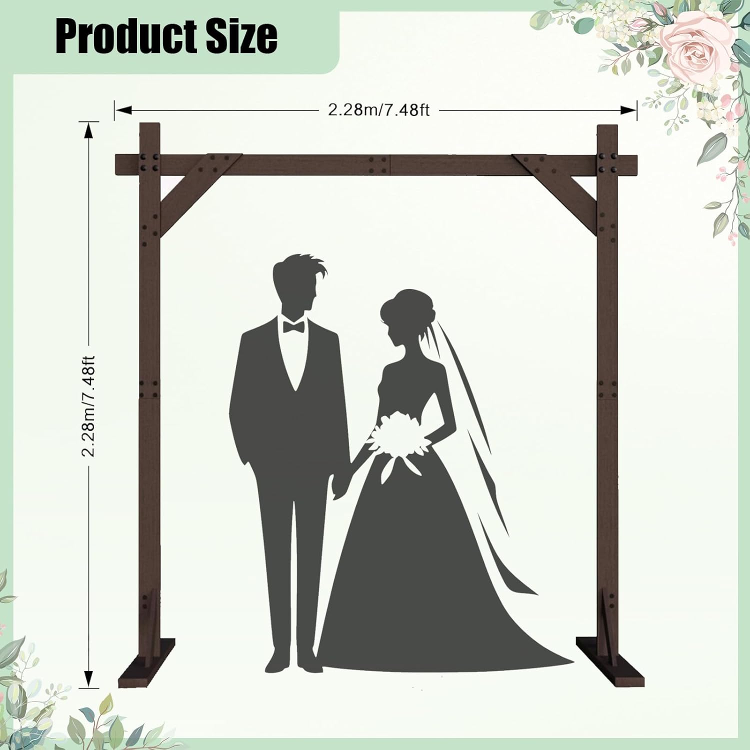 Square Wooden Wedding Arch Frame 7.48 FT Square Wood Arch Wedding Arbor Backdrop Stand for Ceremony Party Proposal Scene Garden Beach Forest Rustic Boho Decoration(7.48ft)