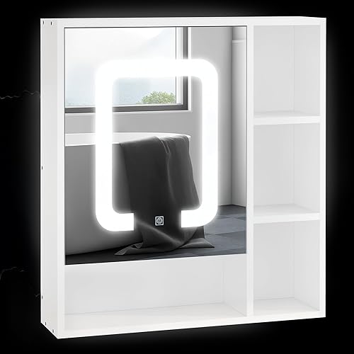 kleankin Botiquín iluminado, gabinete de baño de montaje en pared con espejo, luces LED, atenuador táctil y carga USB, gabinete de espejo de baño