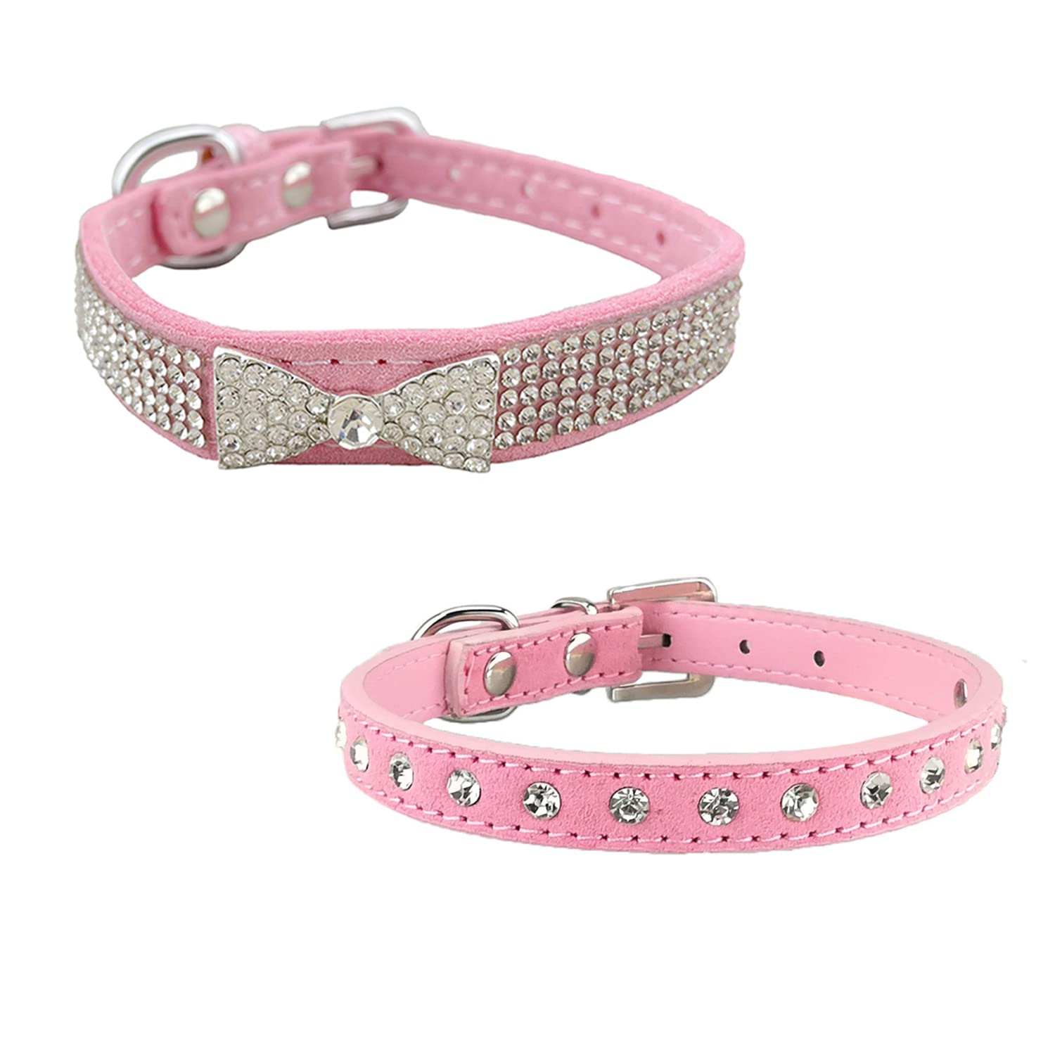Hundehalsband Mit Strasssteinen Für Kleine Hunde – 2 Stück, Rosa, Mikrofaser, Größen XXS Bis M