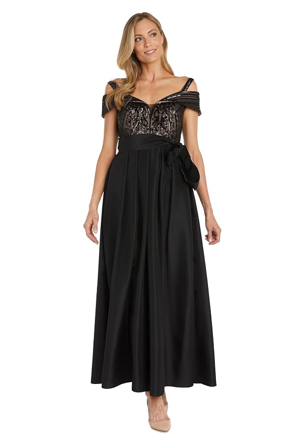 R&M Richards Women's Off The Shoulder Evening Gown W/Beaded Bodice & Sash Tie - Special Occasion Dress Black/Nude by R&M Richards - Used condition - US$47.86