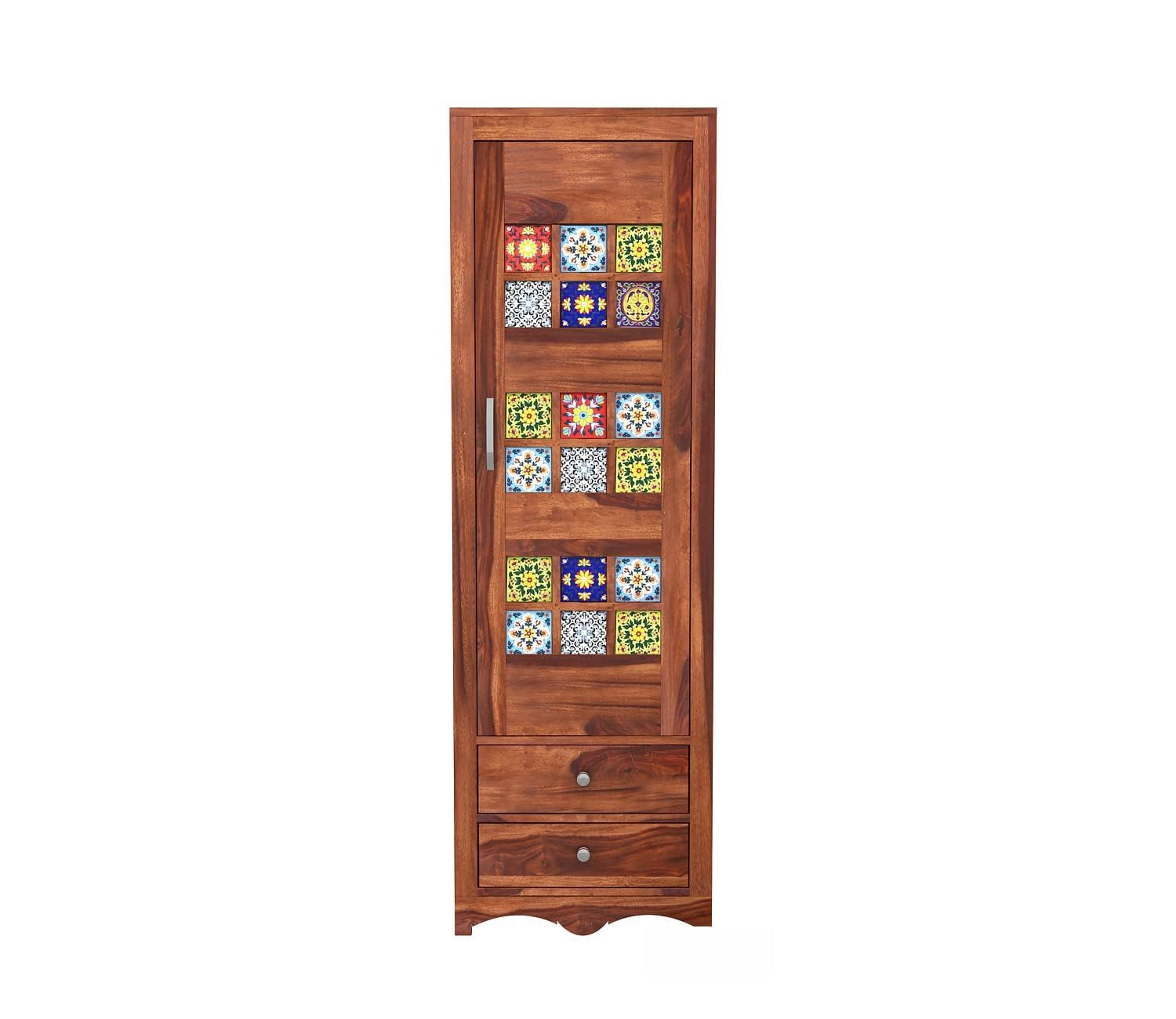 Solid Sheesham Wood Single Door Wardrobe for Bedroom | Wooden Almirah with 2 Drawers & Multi-Utility Storage | Cupboard & Clothes Organizer | Honey Finish with Tile Design | Pre-Assembled-image-15