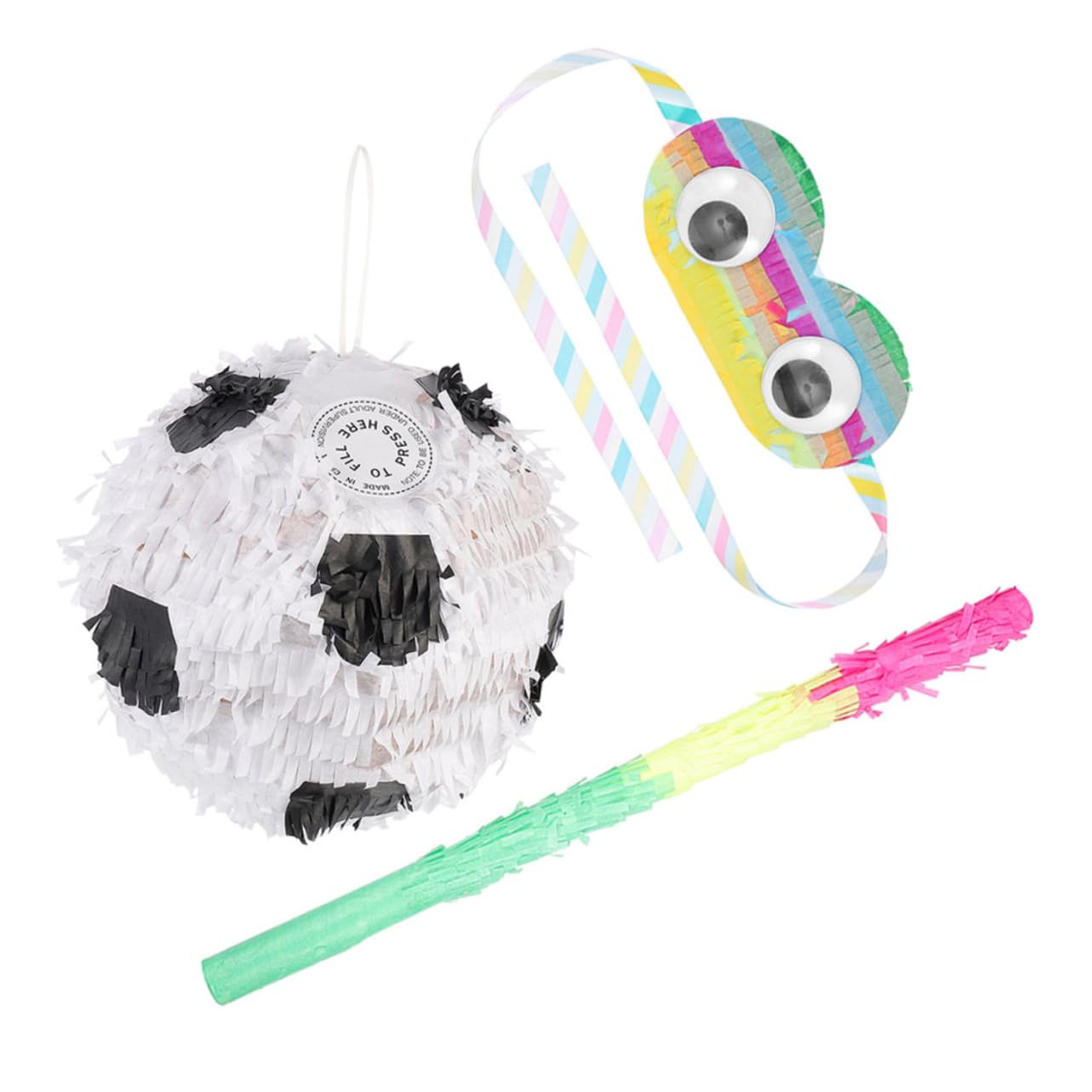 Piñata Compleanno a Forma di Pallone da Calcio in Carta con Bastone e Benda, Decorazione Creativa per Festa e Carnevale, Set 3 Pezzi per Giochi Divertenti