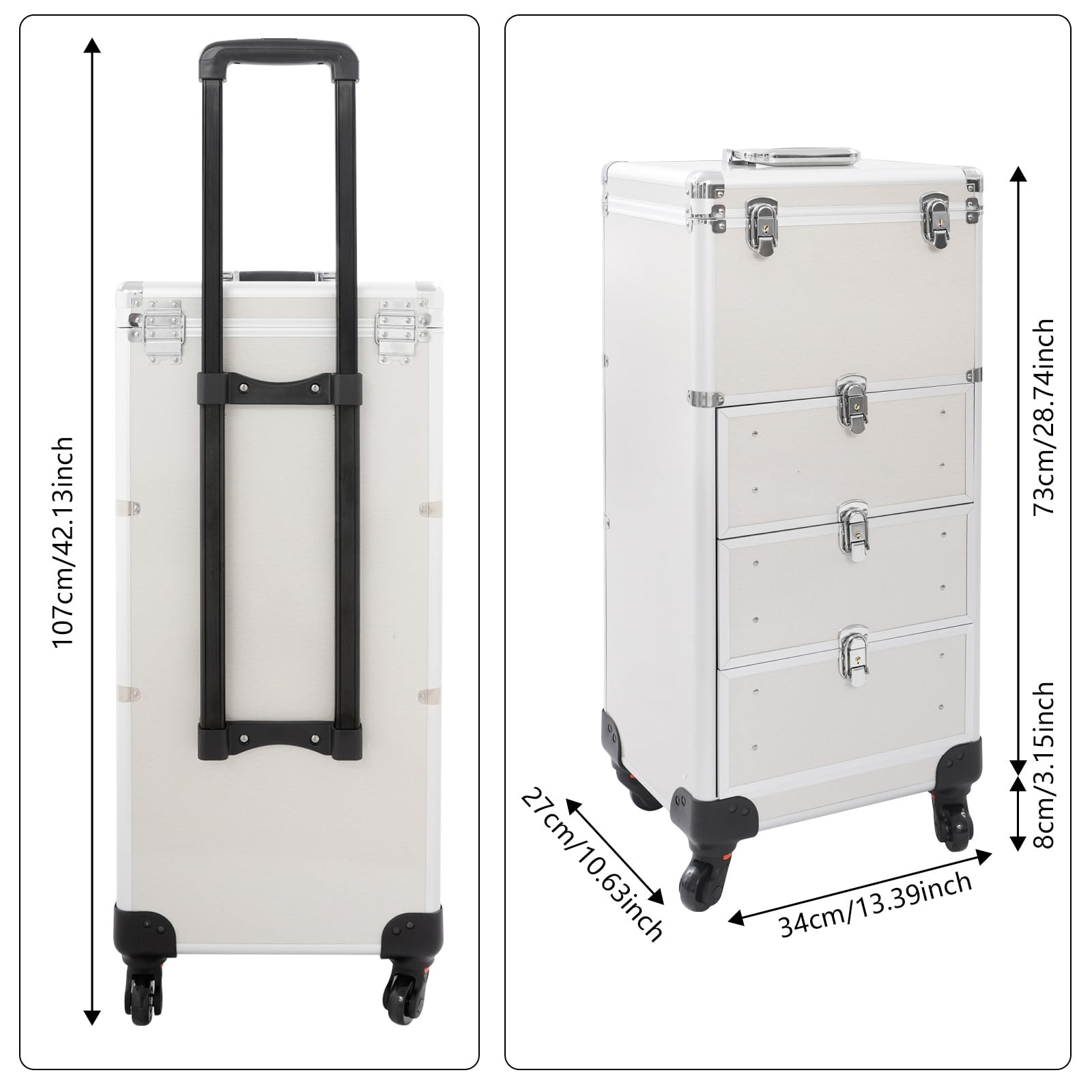 Kosmetikkoffer Kosmetik Trolley 3-in-1 Make up Koffer Schminkkoffer mit 360° drehbare Rollen, Alu Beauty Case Nagelkoffer Multikoffer, 34x27x107cm, Silber