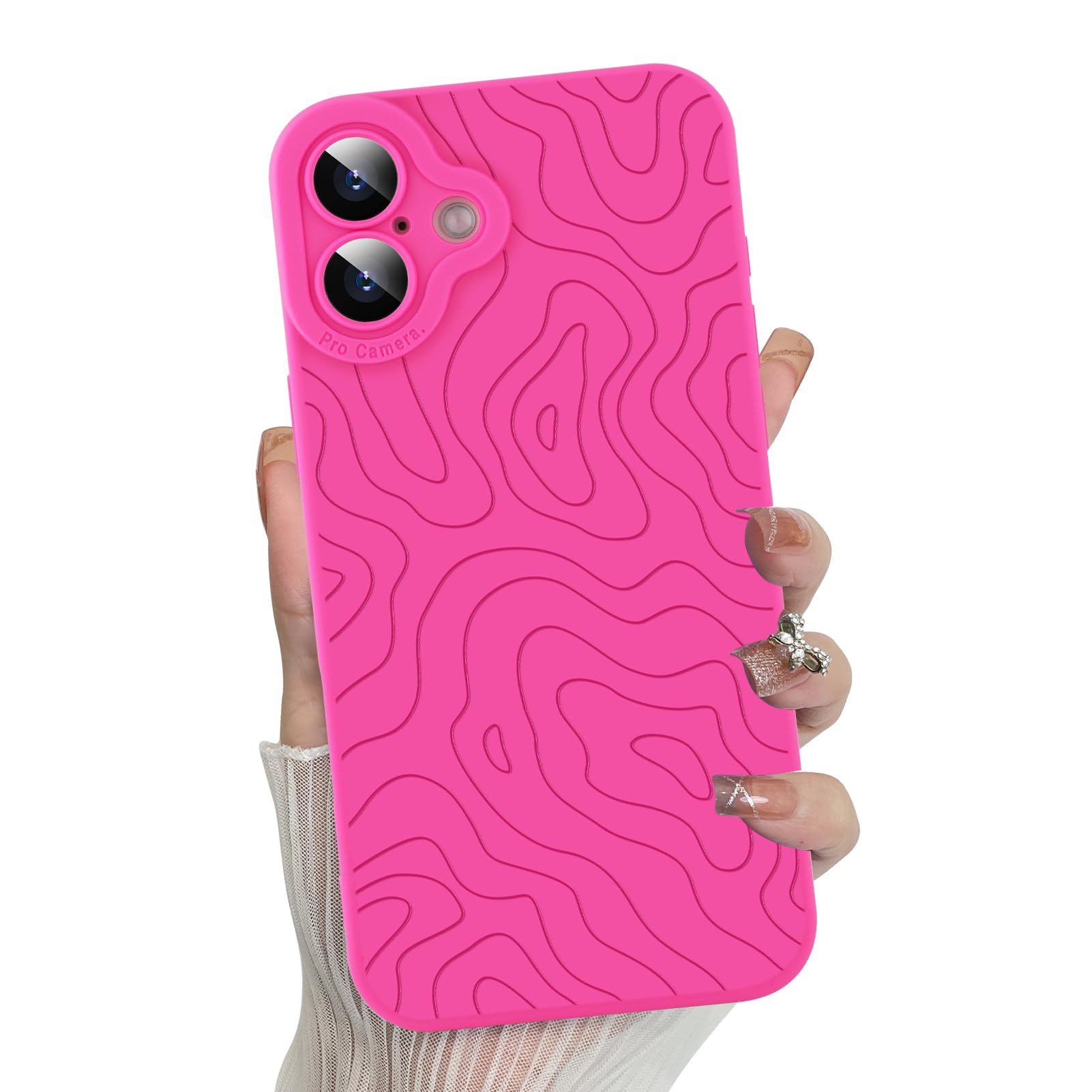 MZELQ for iPhone 16 Case, Silicone Wave Ripple Cute Pattern, Camera Protection Soft Slim Phone Case for Phone Case -Hot Pink