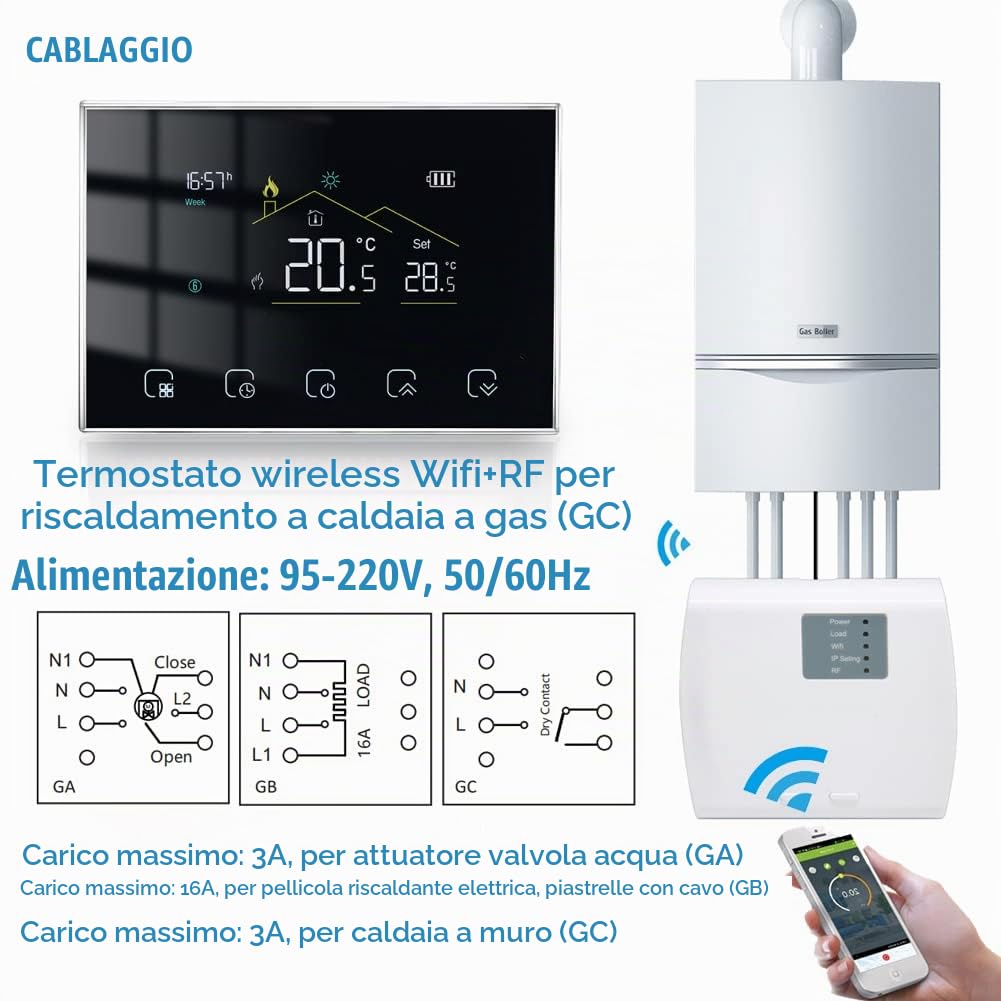 Termostato Wifi a Batteria,Termostato Caldaia a Gas Compatibile Con Alexa Google Home,Cronotermostato Wifi Smart a Batteria con Digitale Programmazione,Termostati per Riscaldamento Domestico