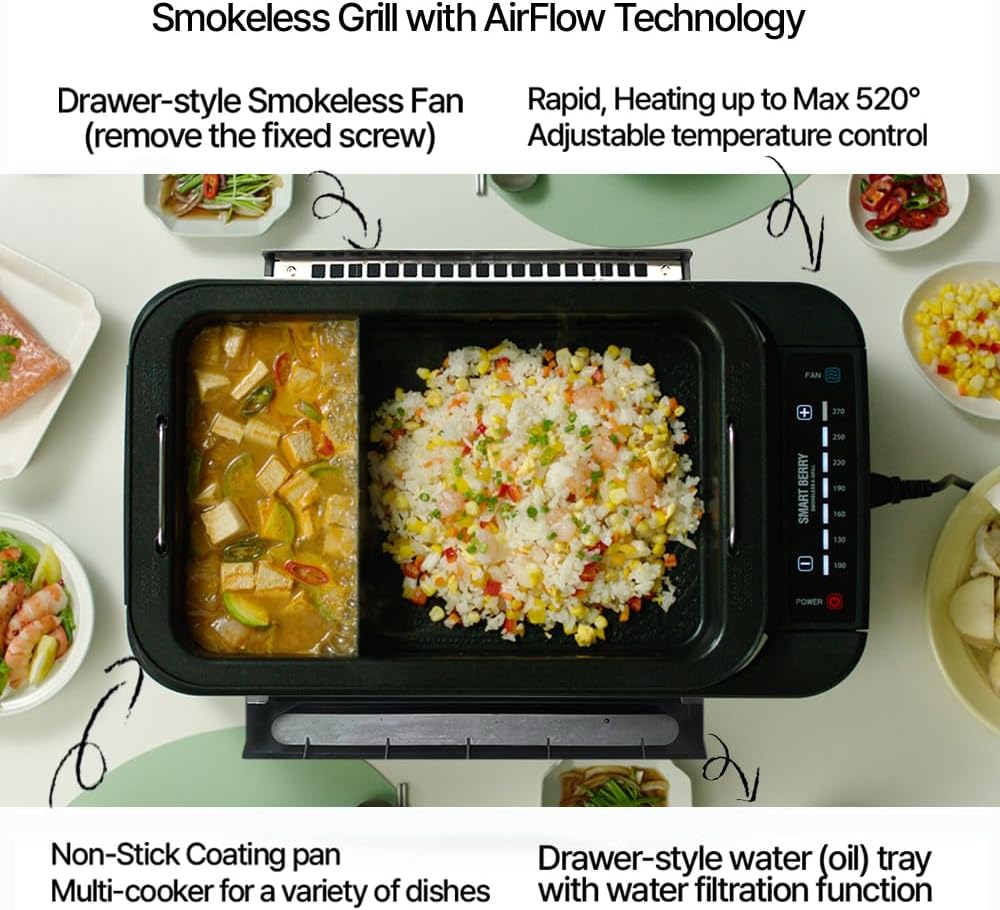 SMART BERRY 3 in 1 Smokeless Electric Indoor Grill, Nonstick Grill/Griddle Plates, hot pot, Glass Lid, Portable Korean BBQ Grill with 7-Level Control, black (HOT POT set White) image 5