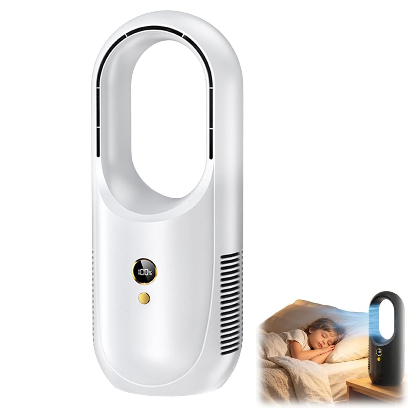 Ventilatore a Torre Senza Lama da 12 Pollici con Oscillazione di 80° | Finitura elettrolitica, uso in camera da letto e scrivania, ricaricabile tramite USB, 6 velocità(White)
