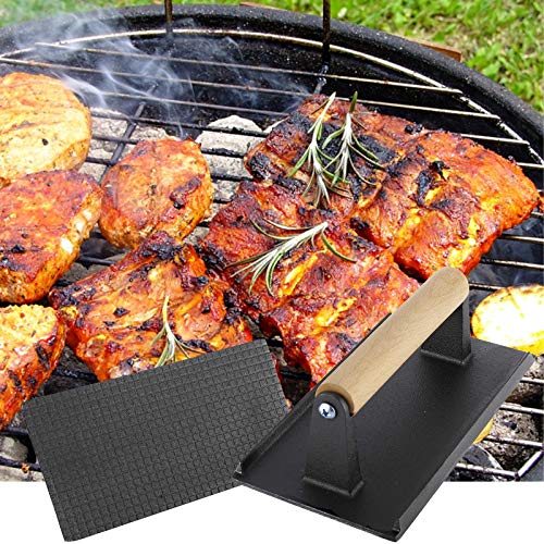 Yaesport Cast Iron Grill Weight/Bacon Press with Wooden Handle, 8 x 4-Inch Grill Press for Bacon, Paninis, Sandwiches and Vegetables, Set of 2