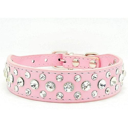 Rhinestone Dog Collar, Bling Rhinestone PU Leather Crystal Diamond Pet Dog Cat Puppy Collar Black S M L XL (S, Pink)