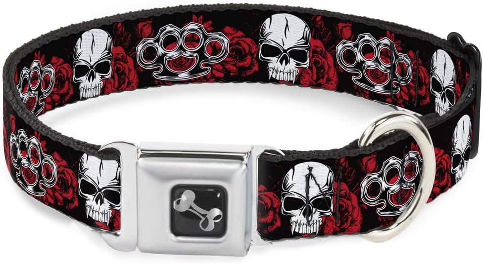 Buckle-Down Easy Adjustable Metal Seatbelt Buckle Quick Release Dog Collar, Brass Knuckles Skulls, 15 to 24 Inches 1.0 Inch Wide-Large
