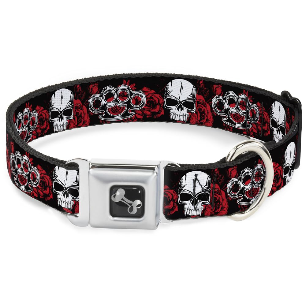 Buckle-Down Easy Adjustable Metal Seatbelt Buckle Quick Release Dog Collar, Brass Knuckles Skulls, 15 to 24 Inches 1.0 Inch Wide-Large