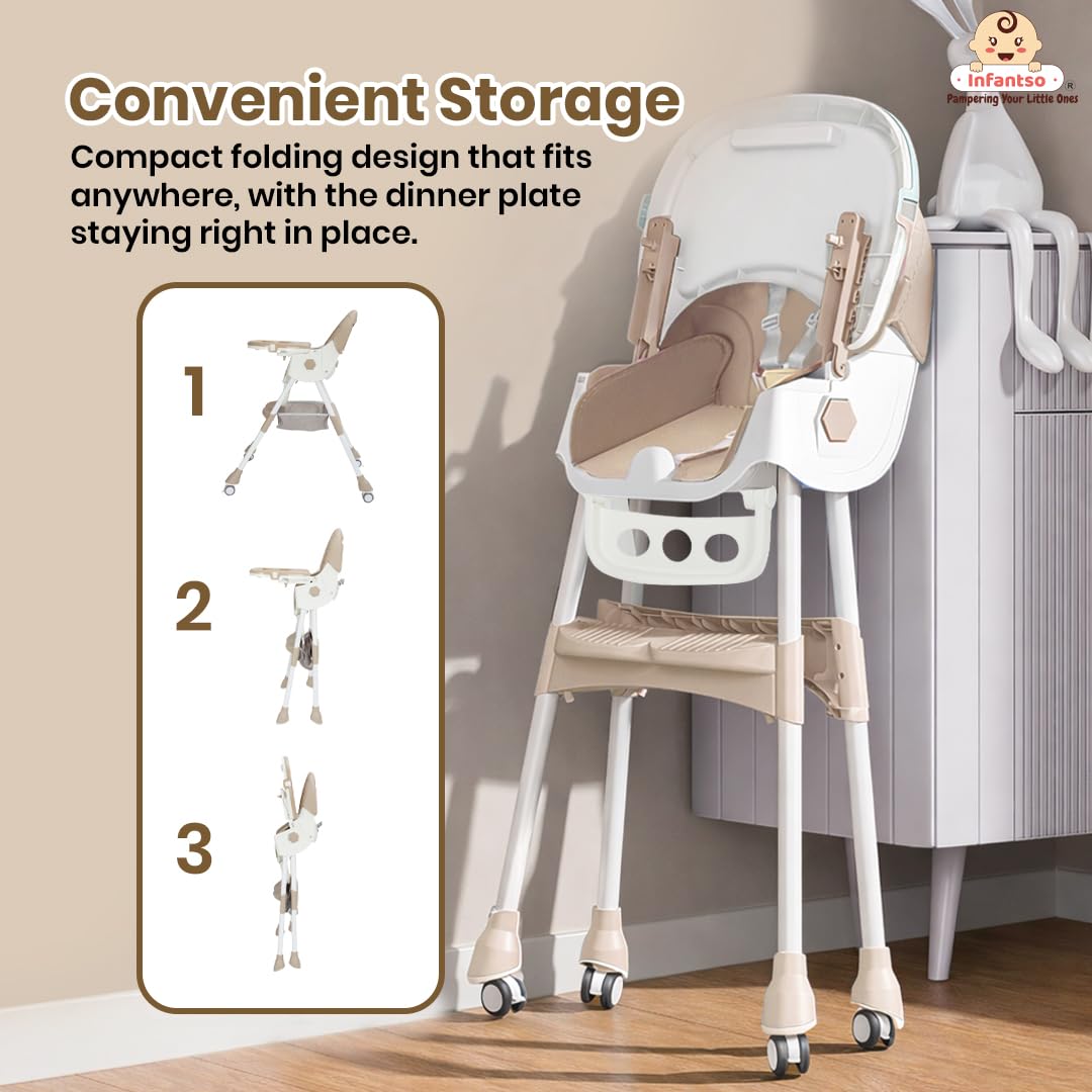 Infantso Feed-X (5-in-1) Baby High Chair/Baby Feeding Chair with Foot Support for 0 to 5 Years Baby, High/Feeding Chair Foldable, Height Adjustable, Safety Harness, Wheels, Cushion, Portable Chair 3