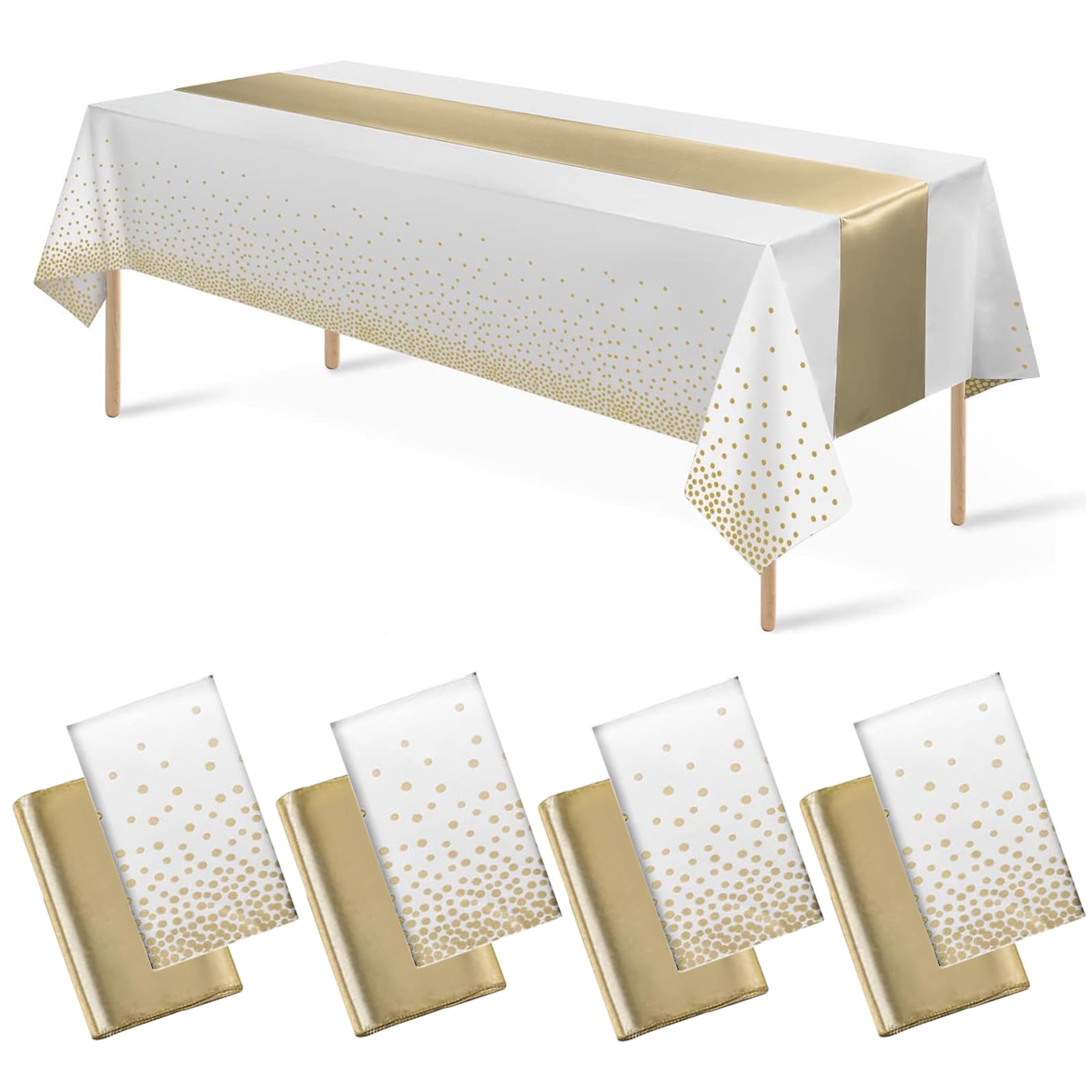 Auxemuen 8Packs Disposable Rectangle Plastic Party Tablecloth,137 * 274 cm for Rectangle Tables Cloths for Parties, Events & Weddings, Indoors Outdoors (White and Gold, 137 * 274cm+30 * 274cm) — image 1