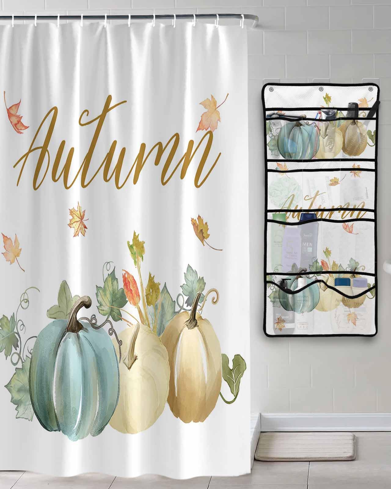 Shower Curtain Mesh Shower Organizer Hanging Set Thanksgiving Fall Pumpkin Watercolor Waterproof Shower Curtains with 10 Pockets Quick