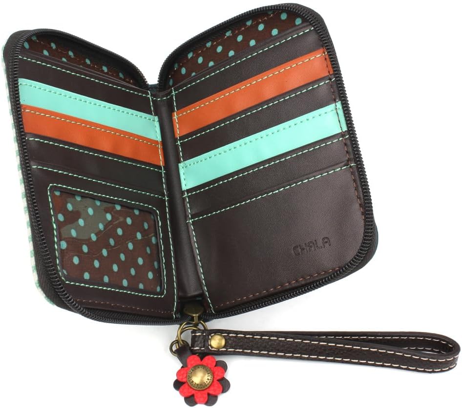 CHALA Zip Around Wallet, Wristlet, 8 Credit Card Slots, Sturdy Pu Leather - Bus - teal stripe
