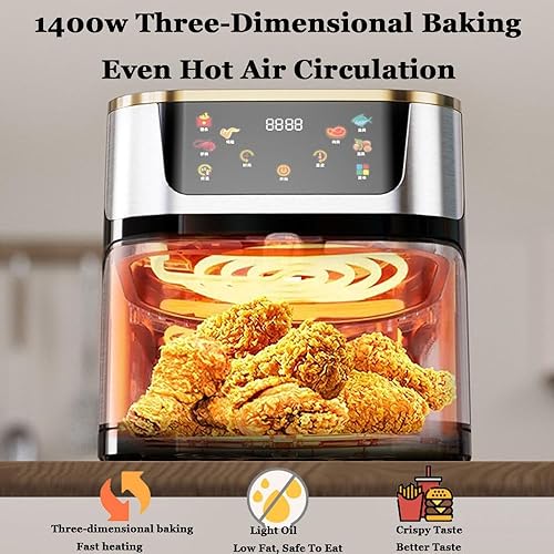 Miniatura 5 de Freidora de aire, freidora de aire visual de acero inoxidable de 10 l, horno inteligente de 1400 W con pantalla táctil digital sin aceite,