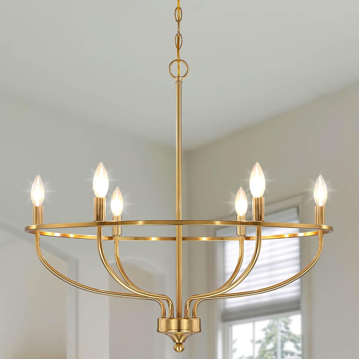 Gold Chandelier for Dining Room, 28.5 Inch Diameter Modern Farmhouse Candle Chandelier Light Fixture Over Table, 6-Light Brass Chandelier Lighting for Kitchen, Bedroom, Living Room (E12 Base)