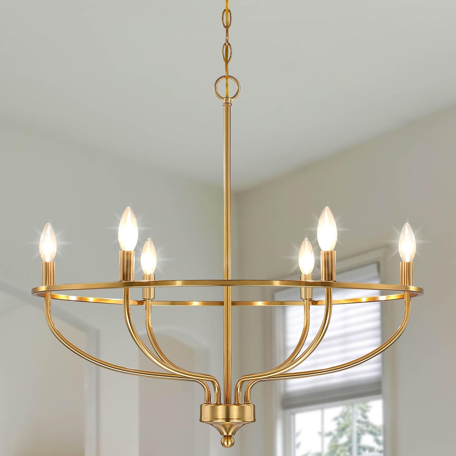 Gold Chandelier for Dining Room, 28.5 Inch Diameter Modern Farmhouse Candle Chandelier Light Fixture Over Table, 6-Light Brass Chandelier Lighting for Kitchen, Bedroom, Living Room (E12 Base)