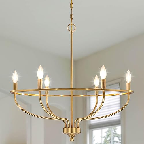 Candelabro dorado para comedor, 28.5 pulgadas de diámetro, moderna, estilo granja, lámpara sobre mesa, lámpara de araña de latón con 6 luces para