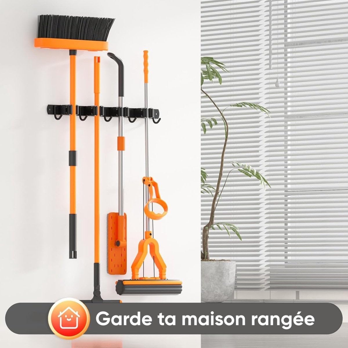 TOJ Living Uchwyt na miotłę na ścianę – narzędzia ogrodowe – uchwyt na miotłę – uchwyt ścienny – 7 uchwytów – 8 haczyków – 82 cm – stal nierdzewna – czarny