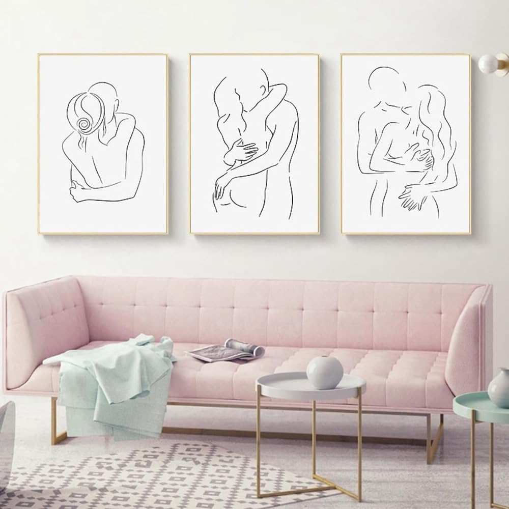 Hurcp Black/White Set Of 3 Canvas Poster Abstract Embrace Hug Kiss Couple Love Simple Line Drawing Minimalist Wall Art Prints Gift Bedroom Living Room Dorm Gallery Corridor Decor Picture,A3 (30X42cm)