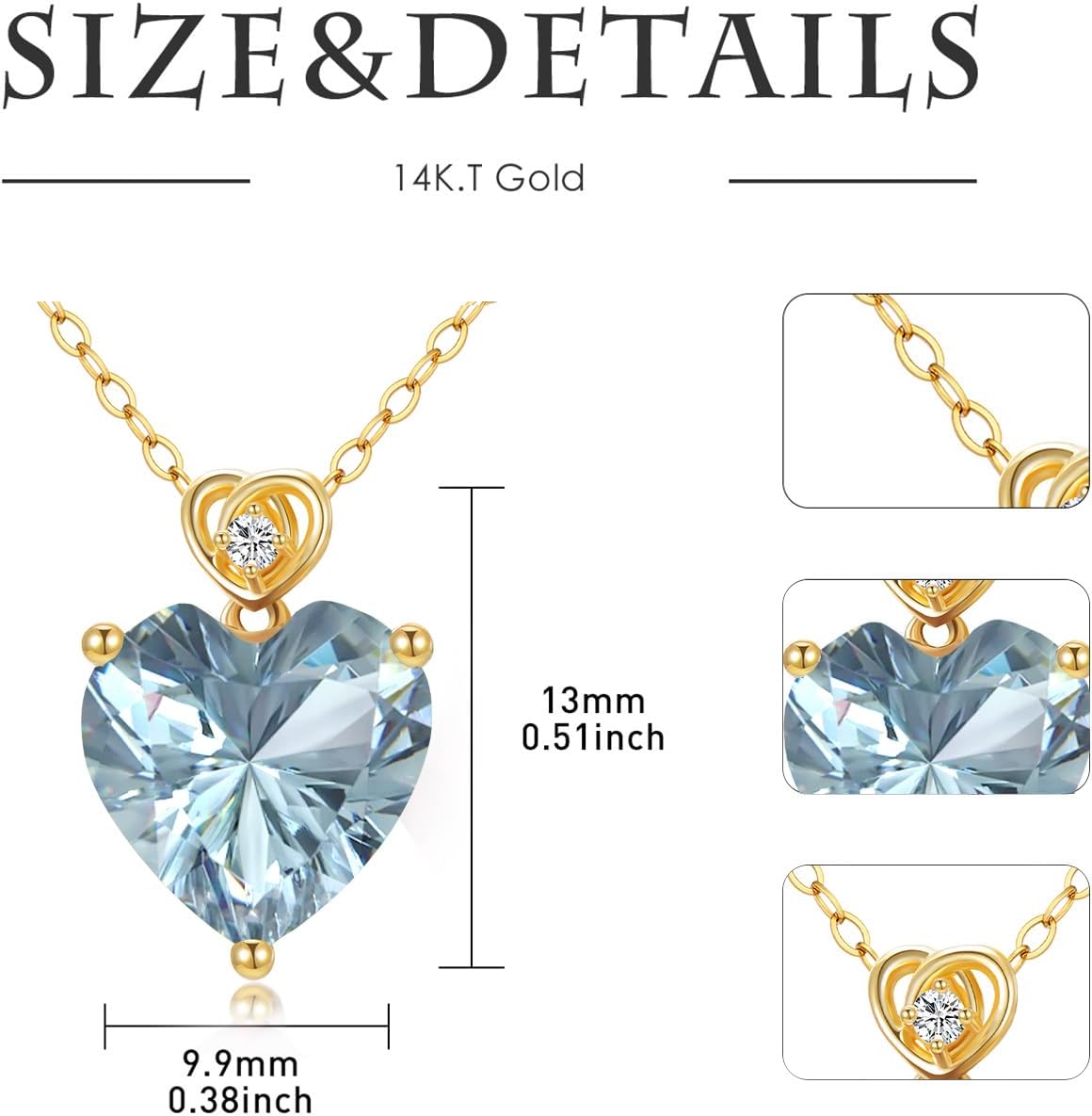 14k Gold Love Heart Gemstone Birthstone Necklaces for Women 3 Carat Heart-cut Created Birthstone Anniversary Birthday Mother's Day Pendant for Her 16+1+1 inch - Image 6