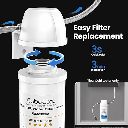 Miniatura 7 de Sistema de filtración de agua debajo del fregadero, filtro de agua debajo del fregadero de 10000 galones que reduce el cloro y el mal sabor y olor,