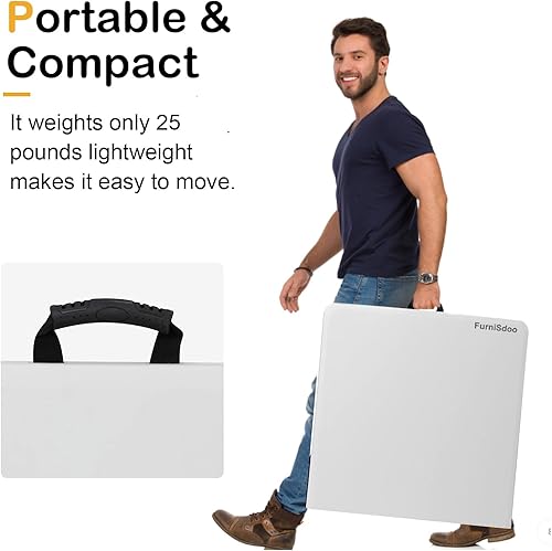 Miniatura 6 de FurniSdoo Mesa plegable blanca, plegable por la mitad, para picnic, fiesta, camping, barbacoas, con asa de transporte, mesa de plástico plegable
