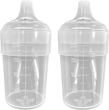Chabrias Ltd 2 Pack Feeding Beakers 200ml UK Made- Clear with Wide & Narrow Spout Lids Controllable Flow   Reusable, Microwave Safe, Adult Sippy Cup, Spill-Proof, Autoclavable, Care Homes, Nursing