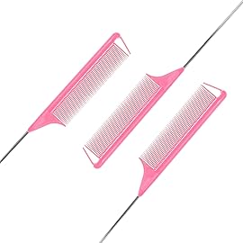 Rat Tail Combs Set - 3 Pack Long Steel Pin Combs for Hair Stylists, Parting and Teasing, Great for All Hair Types (Pink)