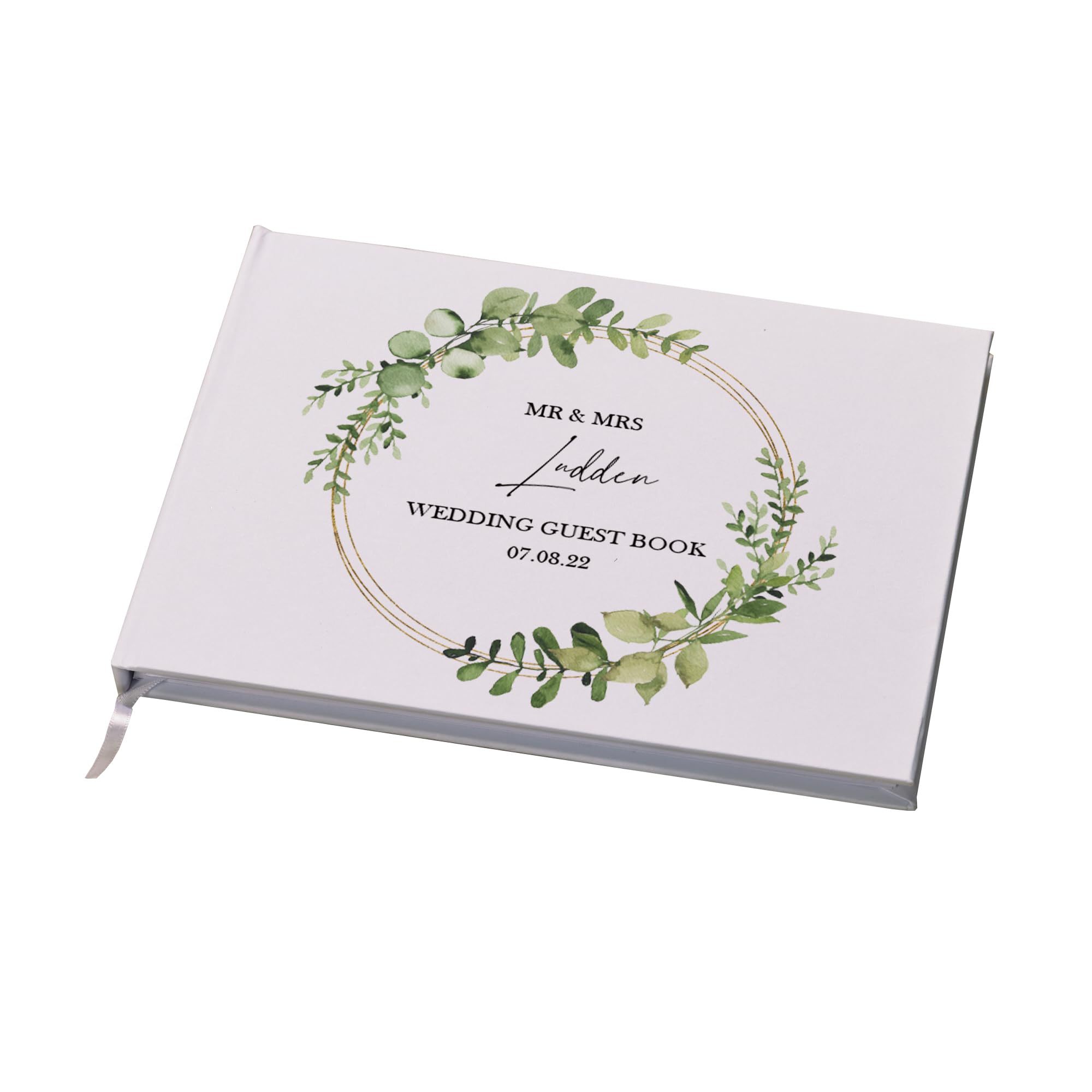 Ukgiftstoreonline White Personalised Wedding Guest Book Eucalyptus And Gold Wreath
