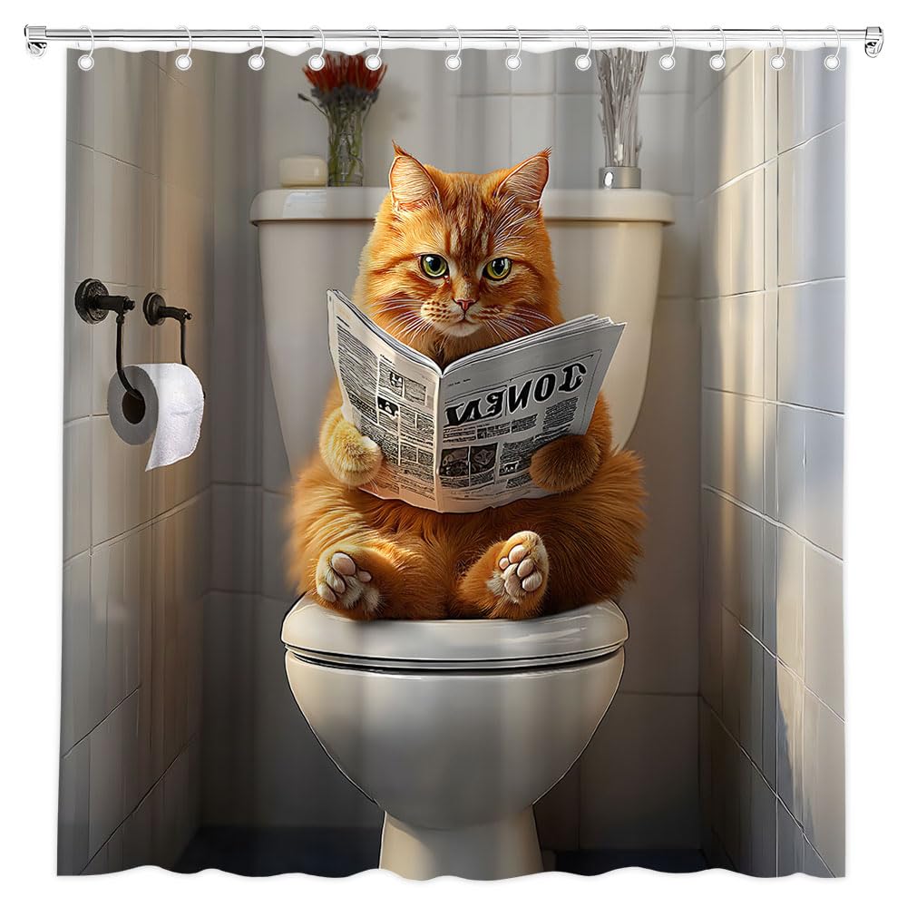 TQNNTQ Funny Cat Shower Curtain Orange Cat on Toilet Reading Newspaper Lovely Kitten Cute Pet Bath Curtain Fabric Bathroom Accessories Decor with
