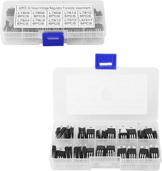 60pcs 10 Values L7805CV LM317T Transistor Assortment Kit, Voltage Regulator and Adjustable Transistor Set with Clear Storage Box for Electronics Repair and DIY Projects [Energy Class A]