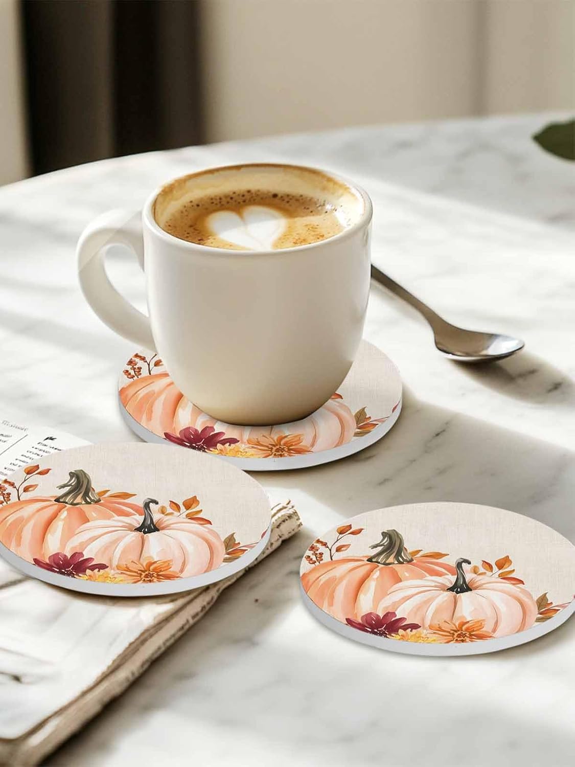 陶製コースター 円形 秋 ボチャ 葉っぱ 田園 ベージュバック 吸水 6枚セット 直径10.3cm&times;厚さ0.6cm 速乾 杯垫 滑り