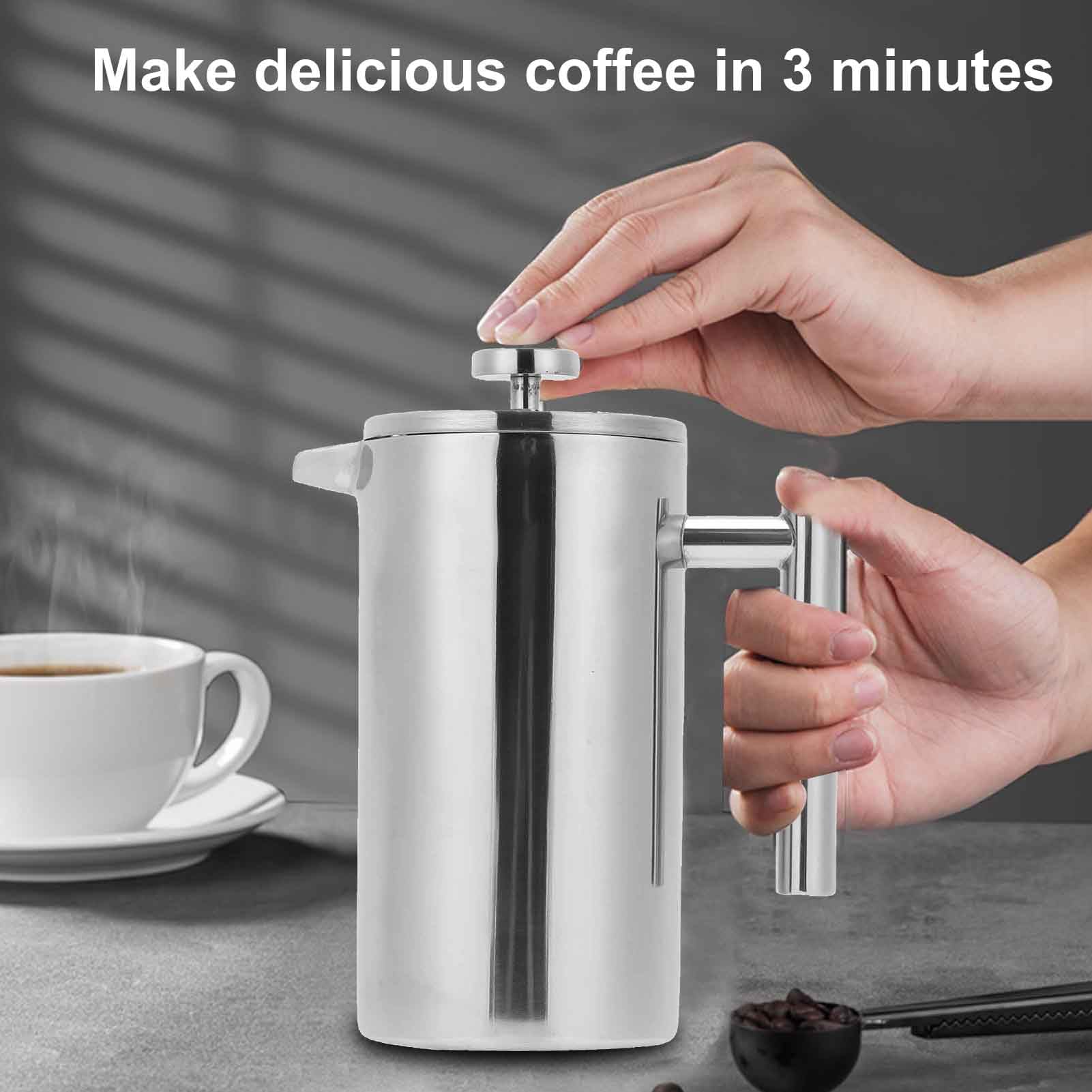 Cafetière à piston 350 ml, en acier inoxydable 304 à double paroi, triple système de filtration pour une infusion optimale, idéale pour la maison, le bureau, le camping (argenté, 350 ml)