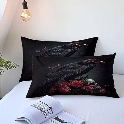 Miniatura 5 de Juego de edredón de calavera y rosa roja con cuervo negro, tamaño Queen, juego de ropa de cama de esqueleto con rosas góticas para Halloween, Cuervo
