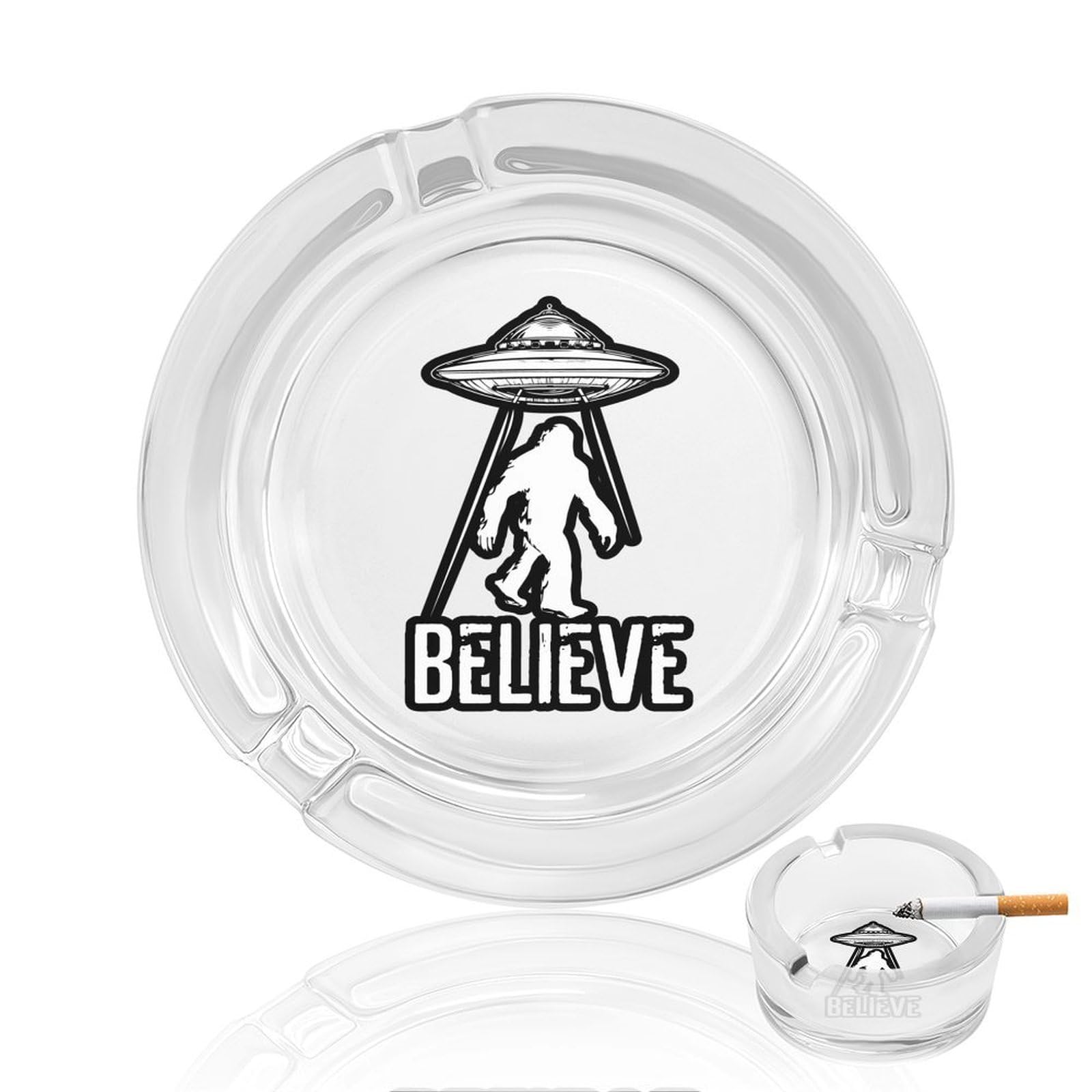 Funny Bigfoots-ufo Glass Ashtray Round Ash Tray Smoking Trays for Home Garden Outdoor