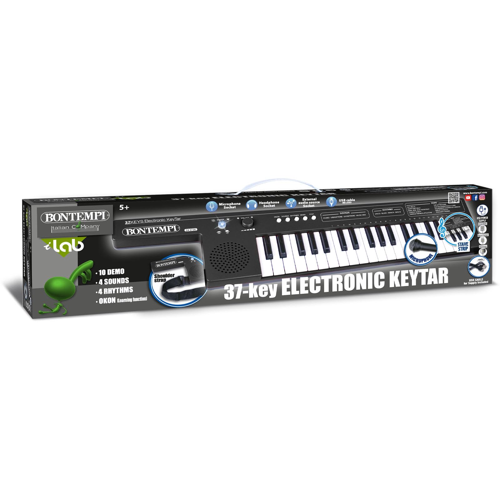 Bontempi | KeyRhythm - Teclado de 37 teclas con correa de hombro | batería recargable para la libertad musical sin límites