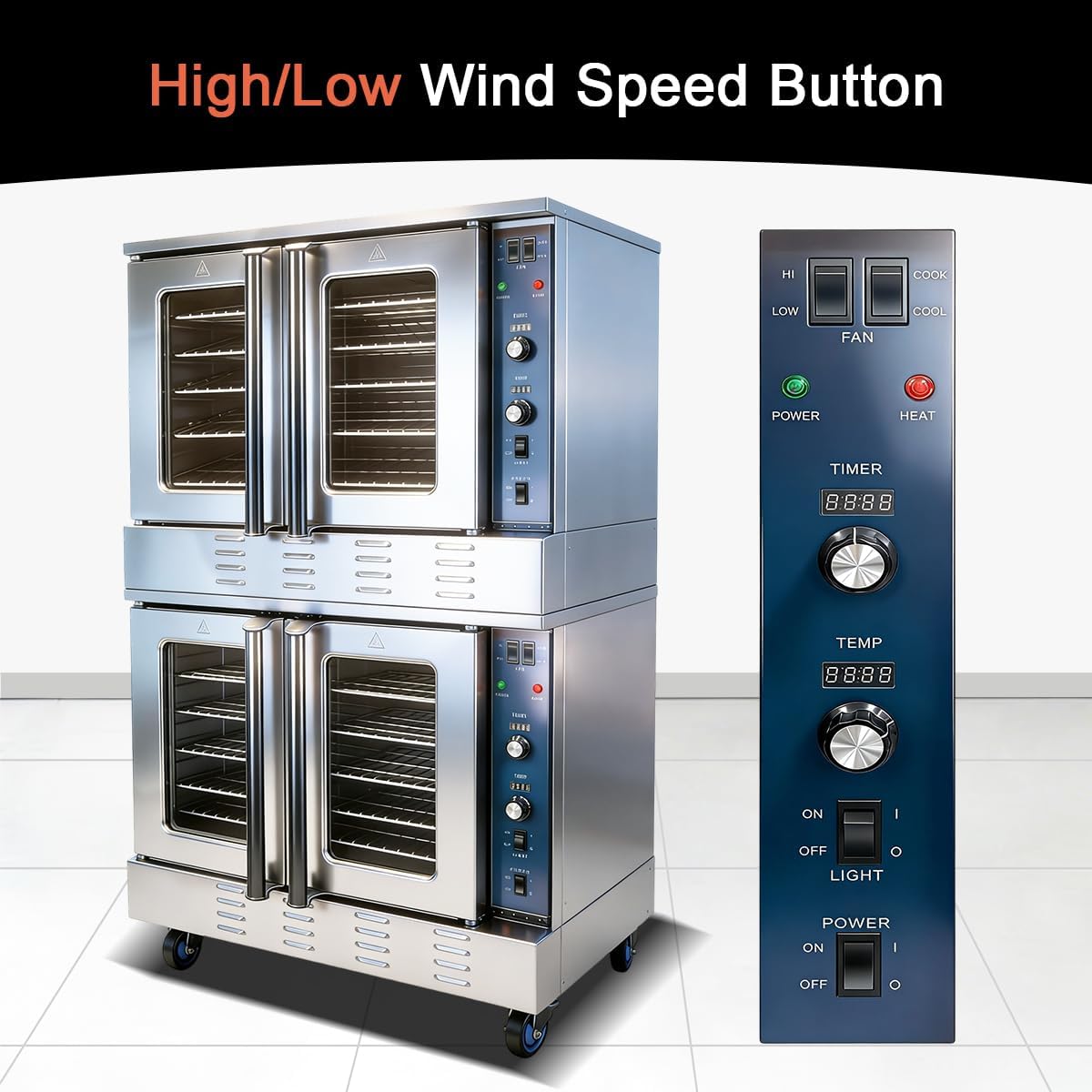 Commercial convection full-size double-layer oven, 48,000 BTU*2, Propane gas-powered double-layer oven, commercial Propane gas stove, four wheels, suitable for restaurants and bakeries