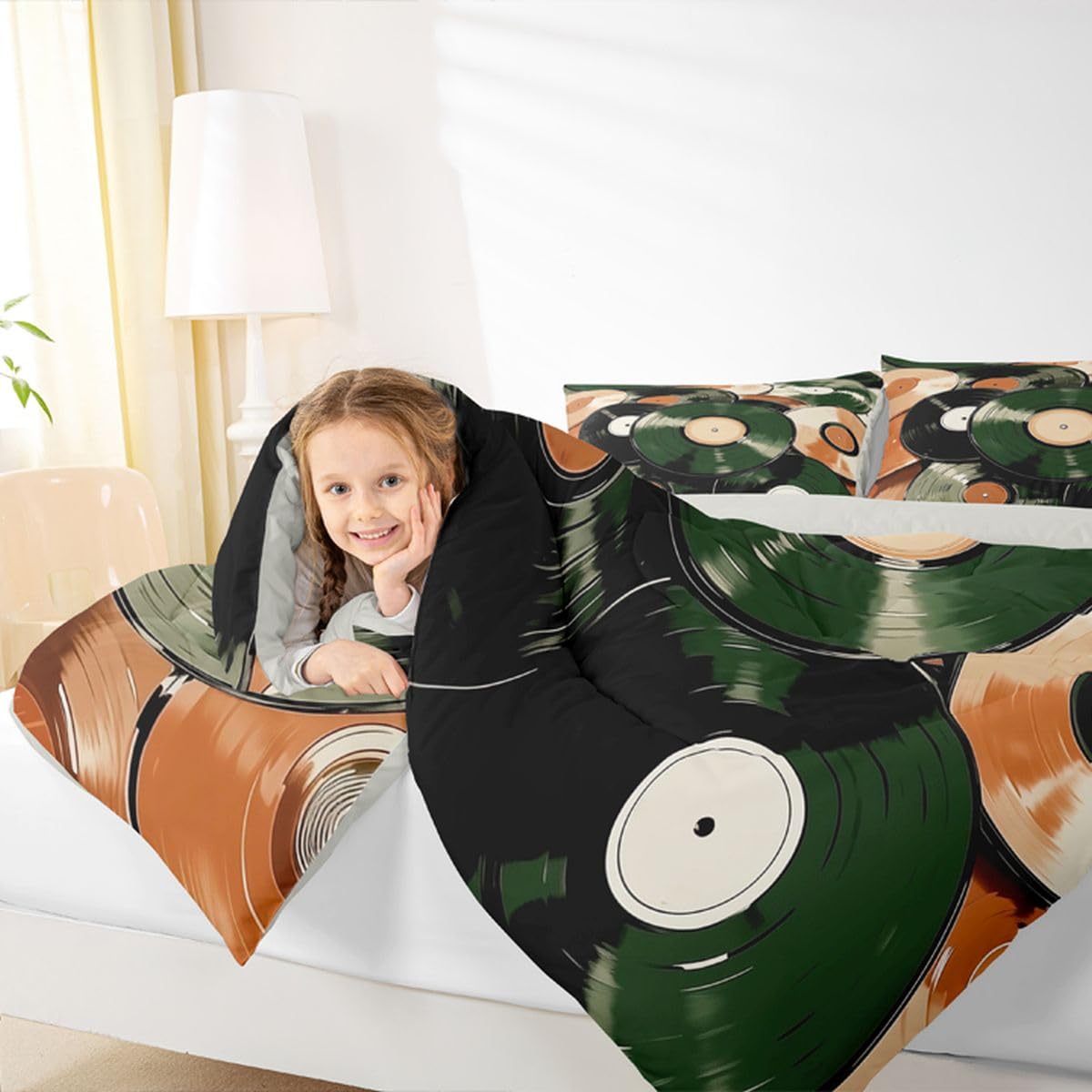 Homewish Set di biancheria da letto king size, motivo: dischi in vinile vintage, set copripiumino semplice e alla moda, per amanti della musica