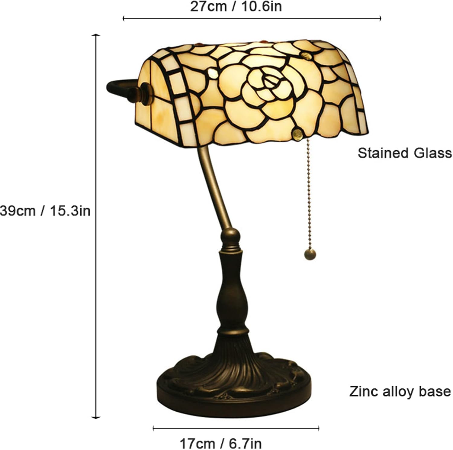 Tiffany Style Rose Bankers Lamps Pastoral Stained Glass Table Lamp Vintage Floral Desk Reading Lights for Kids Bedroom Living Room Cafe Bar, W10.6 H15.3,Beige