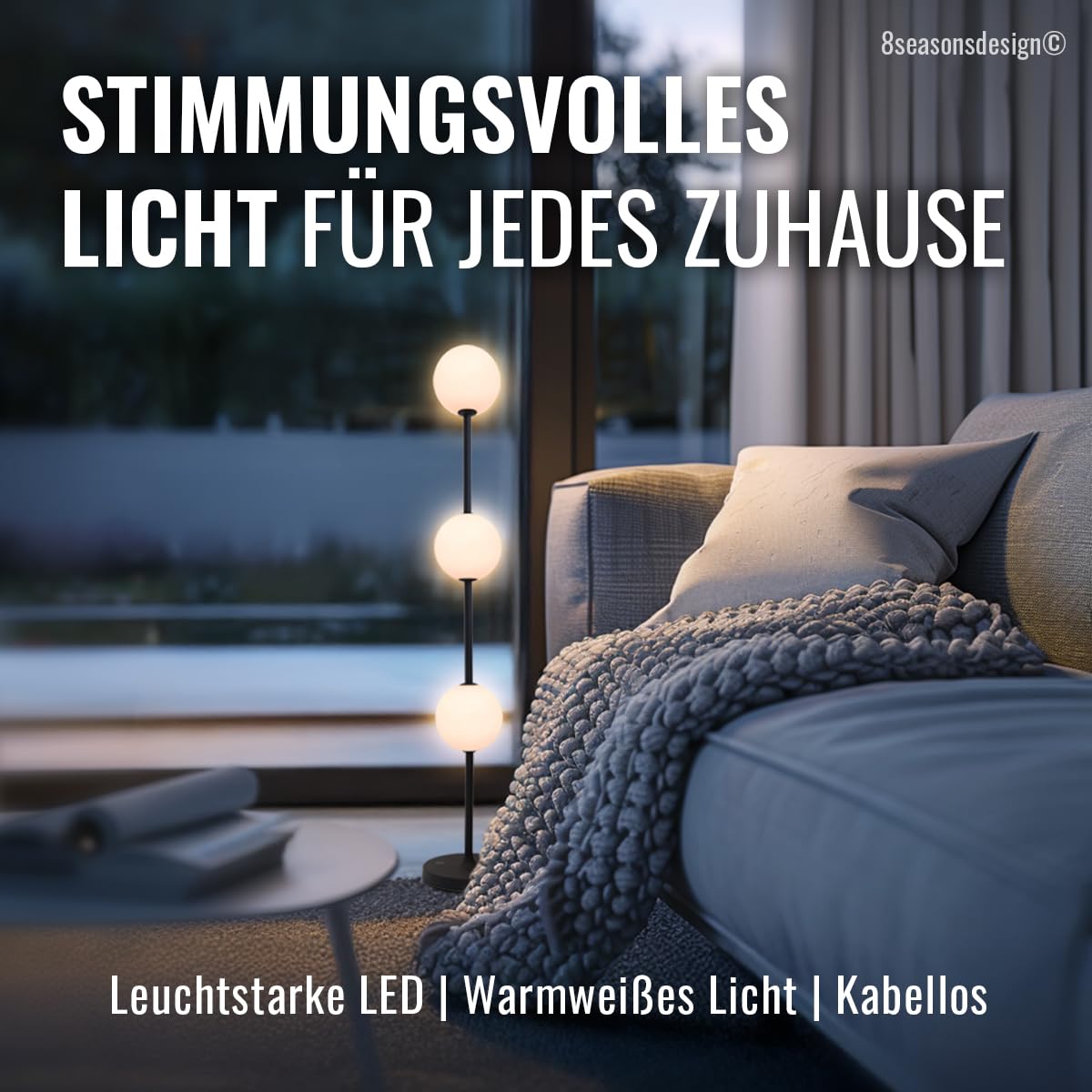 8 seasons design LED Akku Stehlampe, innen & außen, 78,5cm - Glowing Elegance - dimmbar, Licht warmweiß, wetterfest - kabellos, USB-C & Powerbank-Funktion - Wohnbereiche, Balkon oder Terrasse