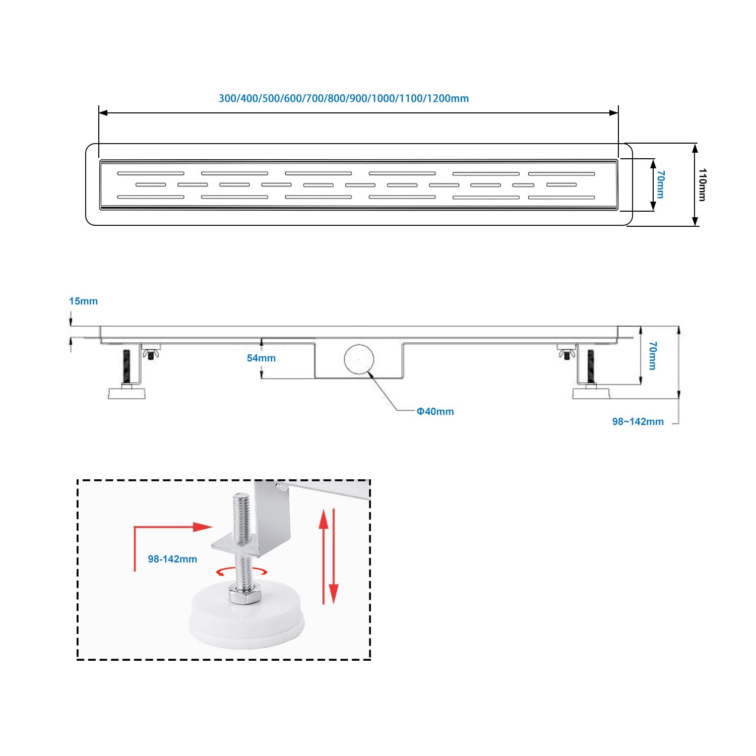 Scarico Doccia a Pavimento, Linee Corte 60 cm, Canalina in Acciaio Inox con Sifone e Filtro