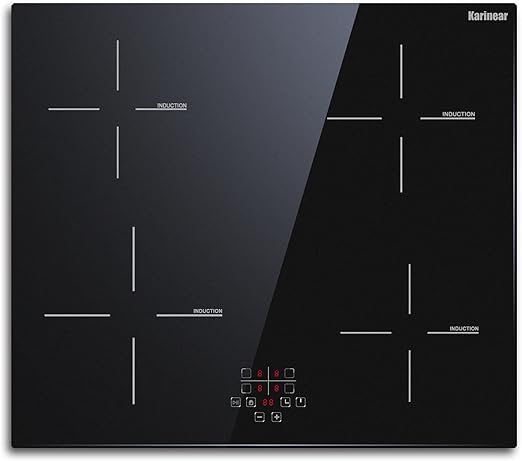 Karinear 24 Inch Induction Cooktop 4 Burner Electric Cooktop, Drop-in Induction Burner with Timer and Child Lock, Pause Function, Vitro Ceramic Glass, 220-240V, 6400W, Hard Wired(No Plug)